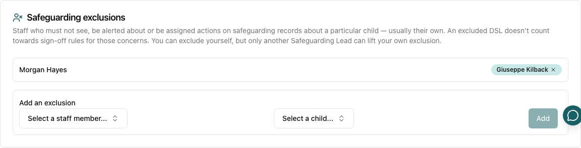 The Safeguarding exclusions card showing Morgan Hayes excluded from Giuseppe Kilback, with the Add an exclusion pickers below