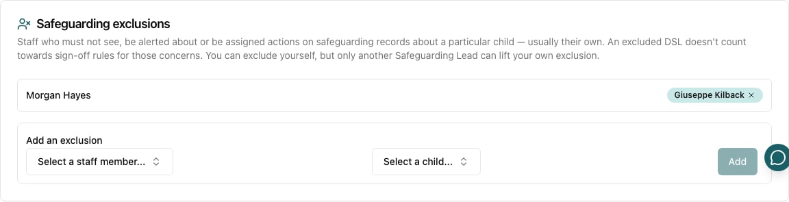 The Safeguarding exclusions card showing Morgan Hayes excluded from Giuseppe Kilback, with the Add an exclusion pickers below
