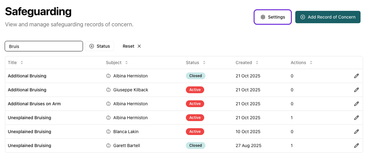 The Safeguarding page with the Settings button highlighted next to Add Record of Concern