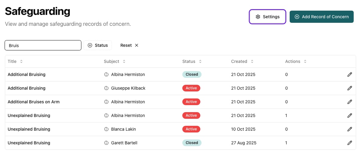 The Safeguarding page with the Settings button highlighted next to Add Record of Concern