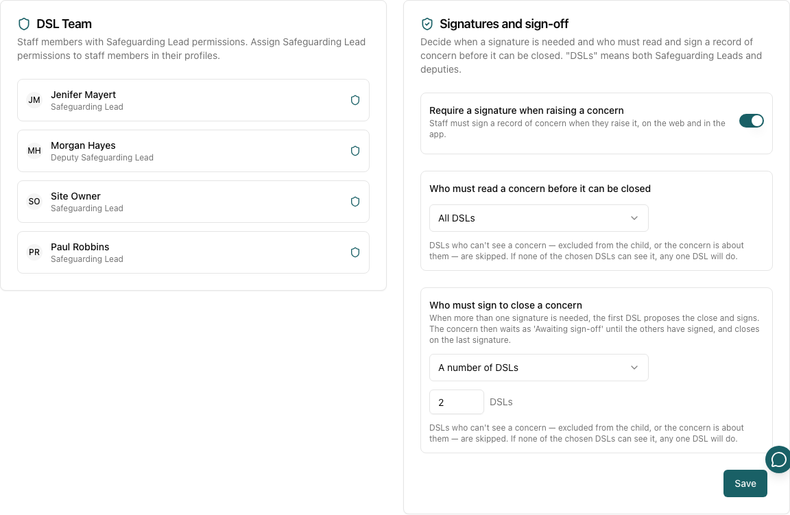 The Signatures and sign-off card with a signature required when raising, All DSLs must read, and 2 DSLs must sign