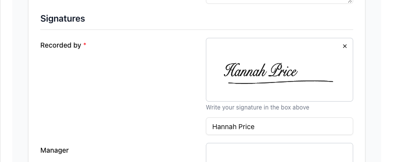 The Recorded by box filled in with the staff member's saved signature and name