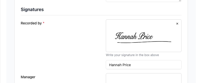 The Recorded by box filled in with the staff member's saved signature and name