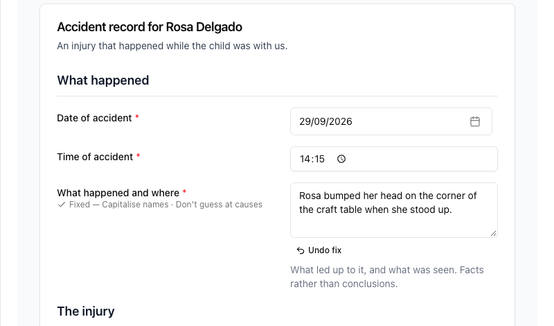 The same answer after Fix: the reason now reads Fixed, and an Undo fix button sits under the rewritten answer