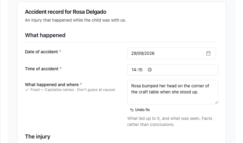 The same answer after Fix: the reason now reads Fixed, and an Undo fix button sits under the rewritten answer
