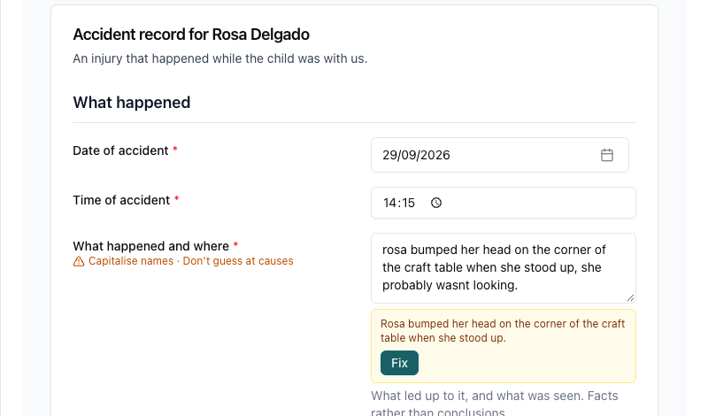 An accident record paused by the writing check. The What happened answer has a reason under its question and a suggested rewrite with a Fix button under the answer