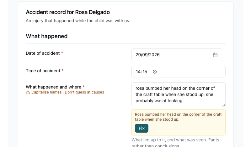 An accident record paused by the writing check. The What happened answer has a reason under its question and a suggested rewrite with a Fix button under the answer