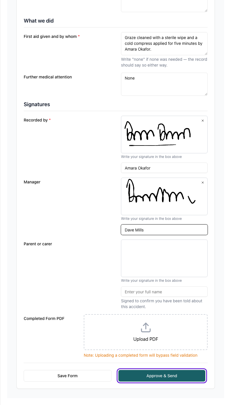 A form awaiting approval open in the side panel, signed by the manager, with the Approve & Send button highlighted
