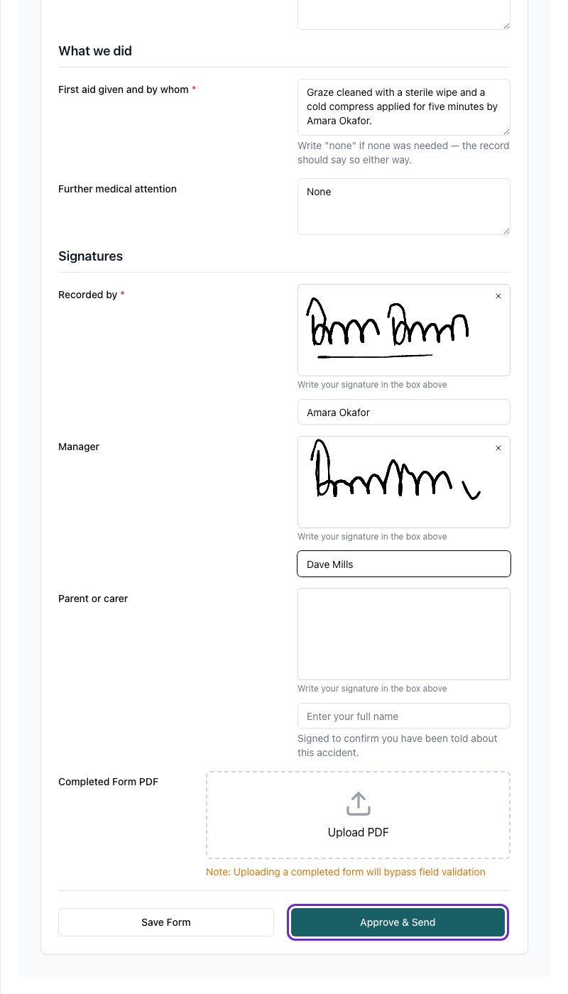 A form awaiting approval open in the side panel, signed by the manager, with the Approve & Send button highlighted