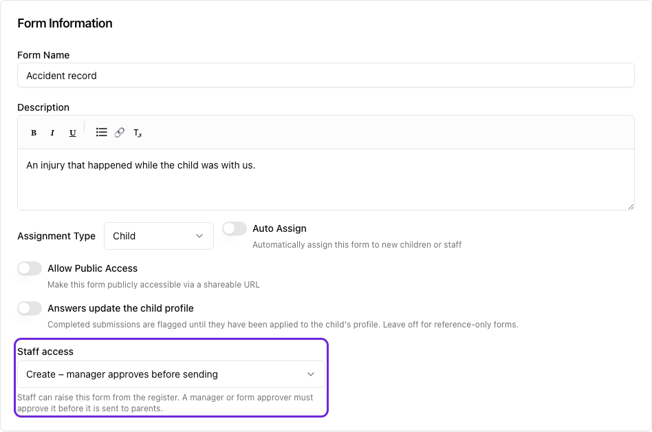Form builder heading with name, description, settings and the Staff access dropdown