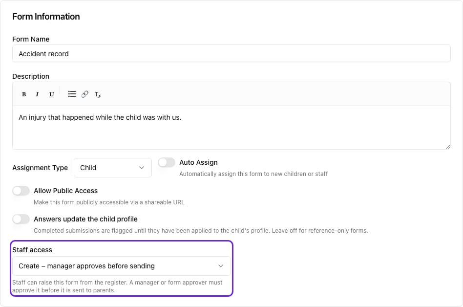 Form builder heading with name, description, settings and the Staff access dropdown