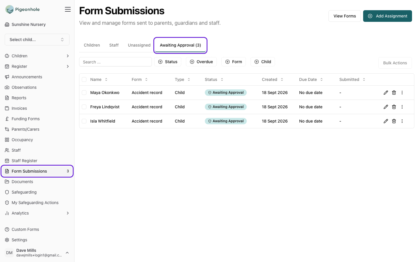Form Submissions page on the Awaiting Approval tab, with the tab and the sidebar count highlighted