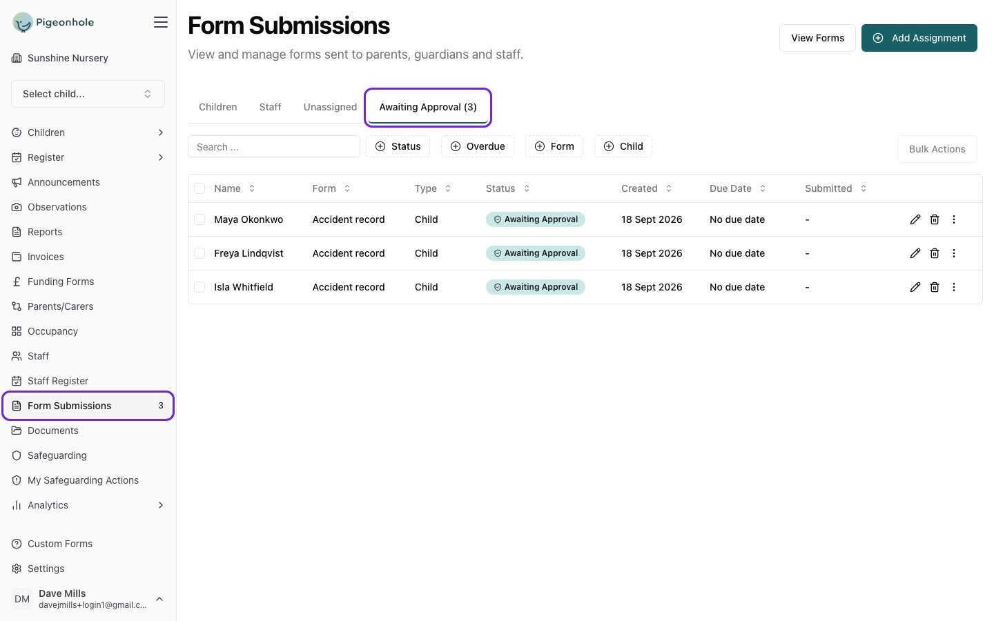 Form Submissions page on the Awaiting Approval tab, with the tab and the sidebar count highlighted