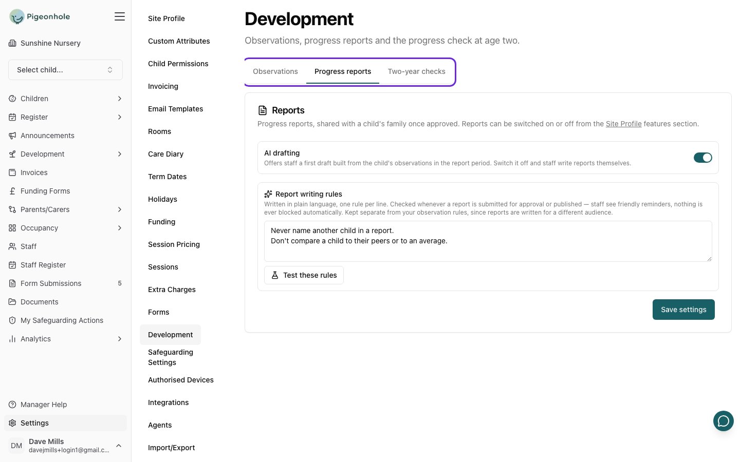 Settings → Development with the Observations, Progress reports and Two-year checks tabs highlighted, open on Progress reports, showing the AI drafting switch and the report writing rules box