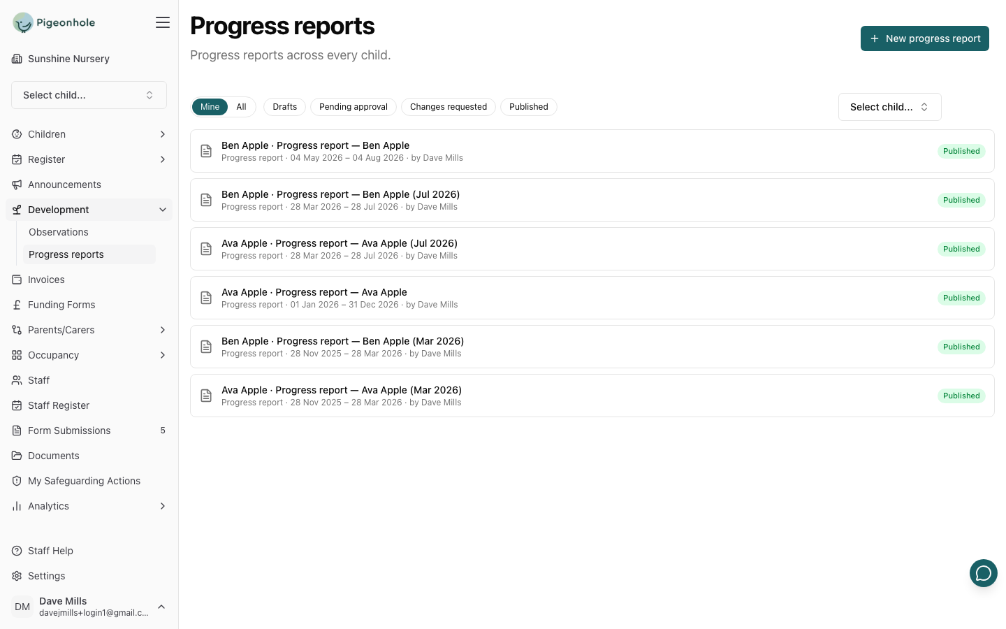 The Progress reports list under Development, showing reports across children, each with its reporting period, author and Published status