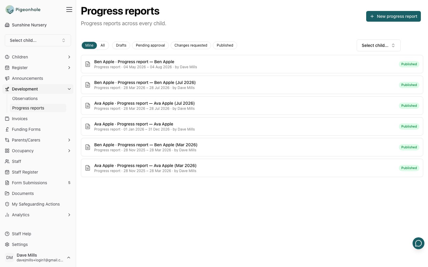 The Progress reports list under Development, showing reports across children, each with its reporting period, author and Published status