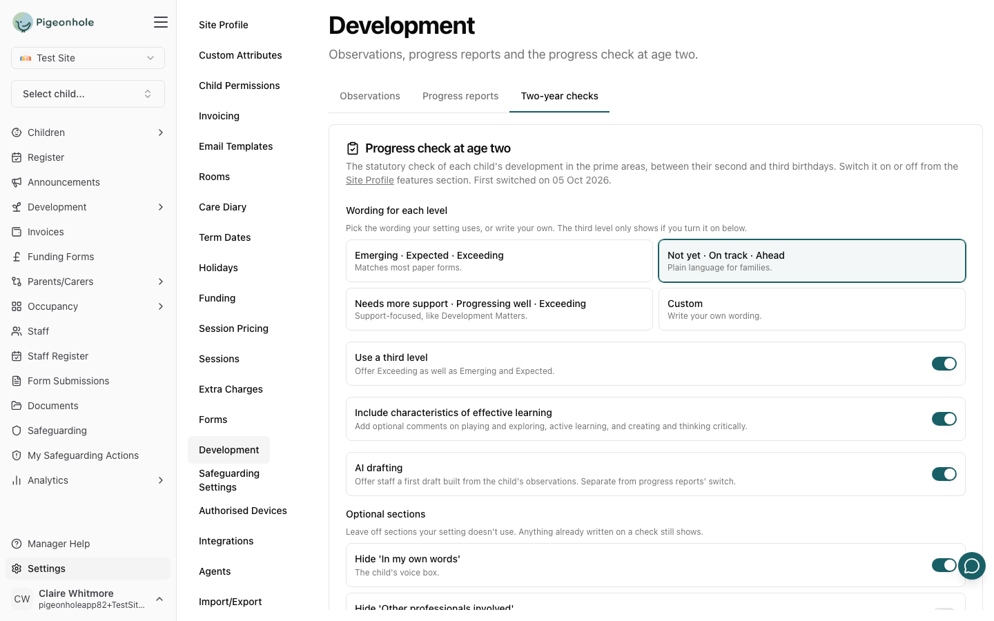 The Two-year checks tab of Settings → Development showing the Progress check at age two card — level wording presets, Use a third level, Include characteristics of effective learning, AI drafting and the Hide switches