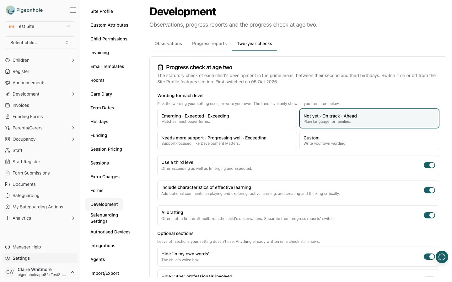 The Two-year checks tab of Settings → Development showing the Progress check at age two card — level wording presets, Use a third level, Include characteristics of effective learning, AI drafting and the Hide switches