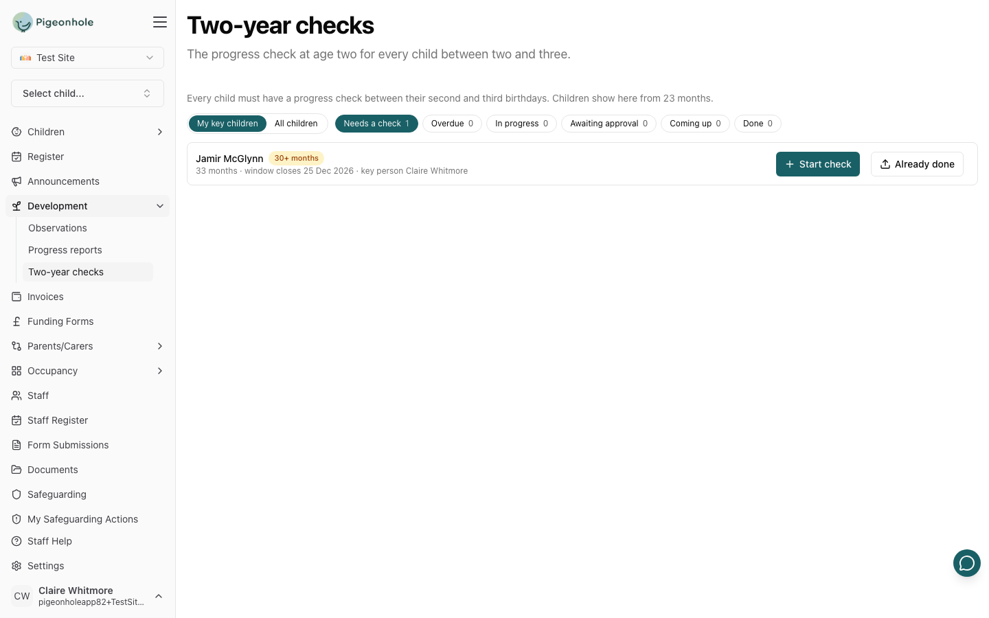Development → Two-year checks on My key children with the Needs a check filter, showing a child at 30+ months with the Start check and Already done buttons