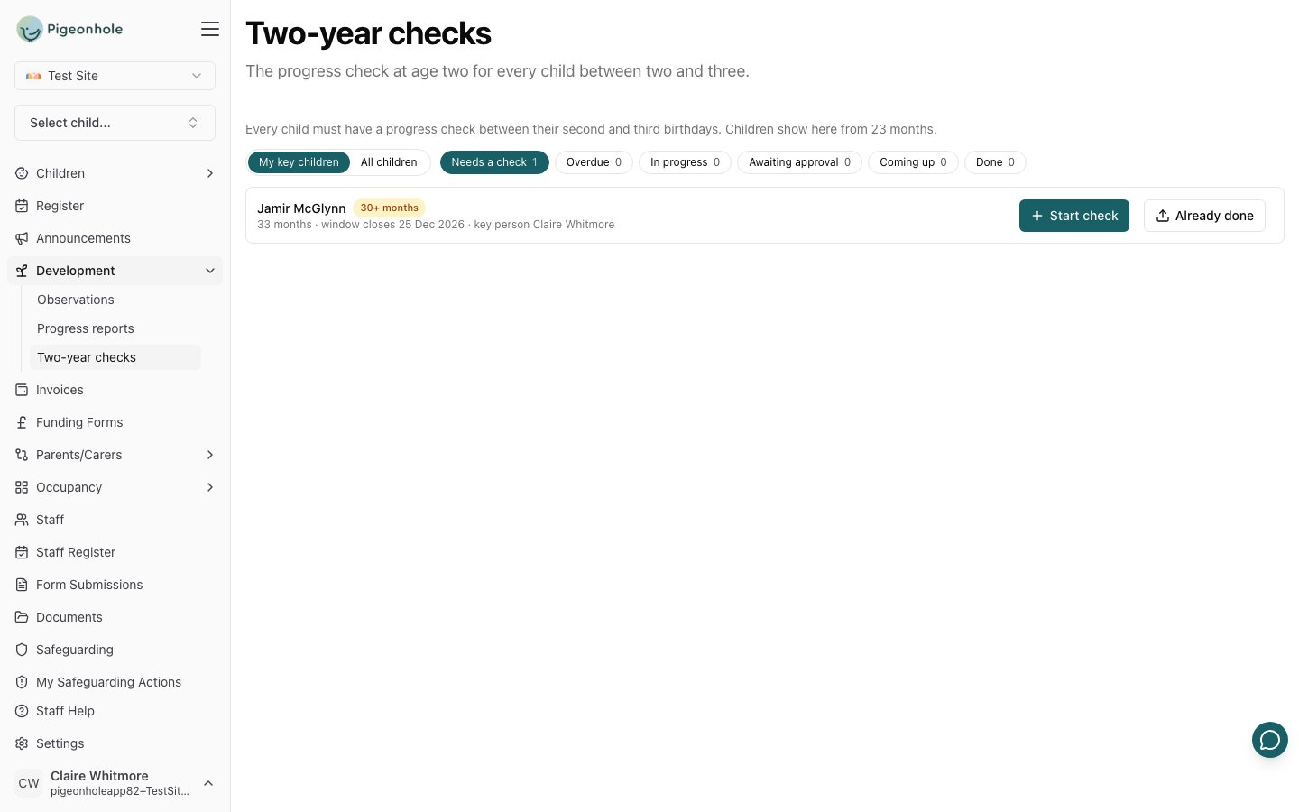Development → Two-year checks on My key children with the Needs a check filter, showing a child at 30+ months with the Start check and Already done buttons