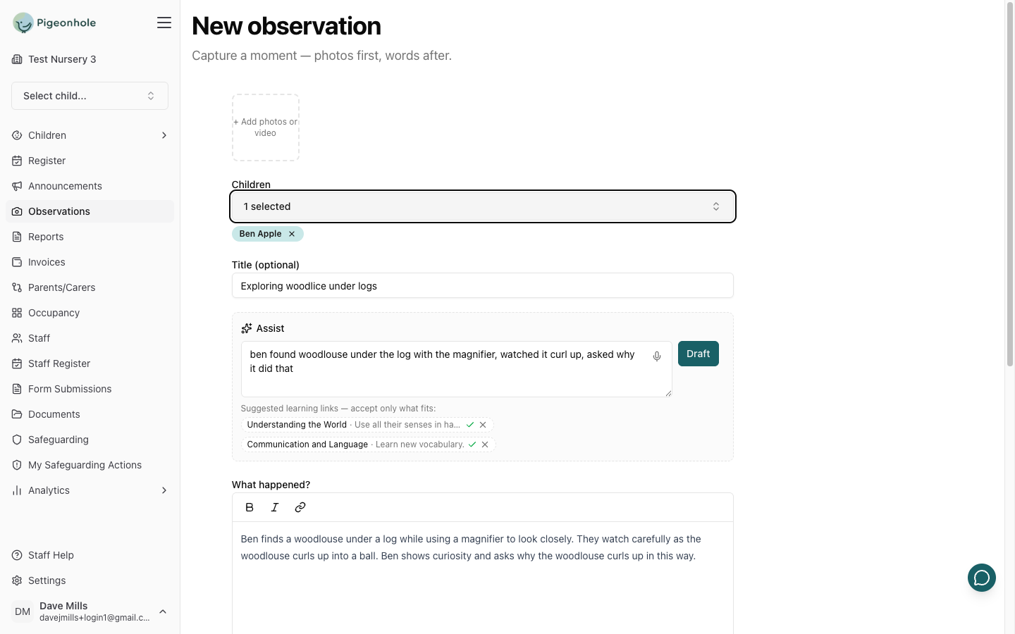 The new observation screen with a tagged child, an AI-drafted title and body, and two suggested learning links