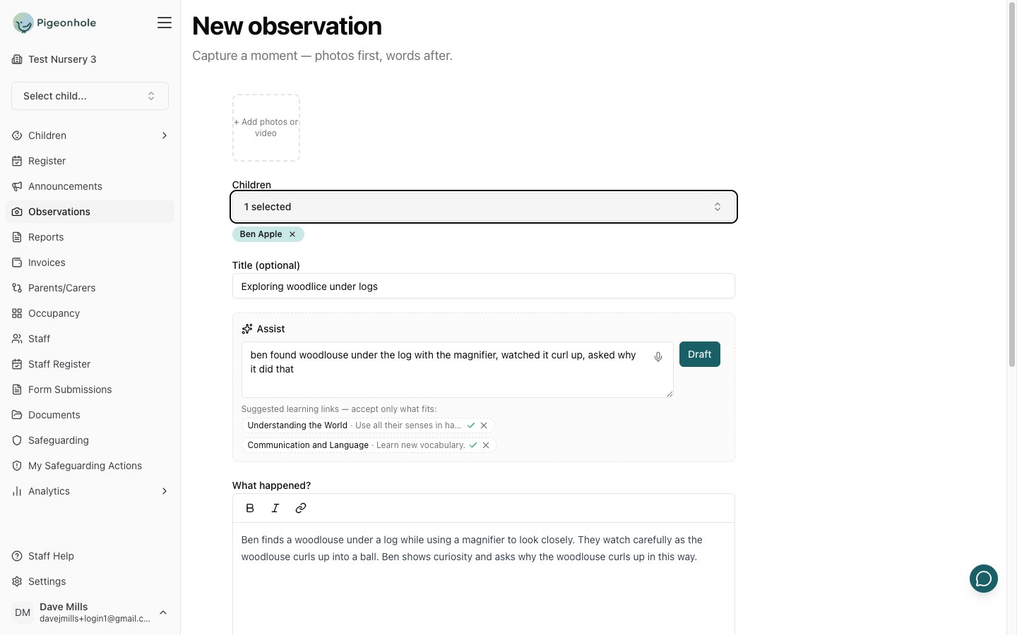 The new observation screen with a tagged child, an AI-drafted title and body, and two suggested learning links