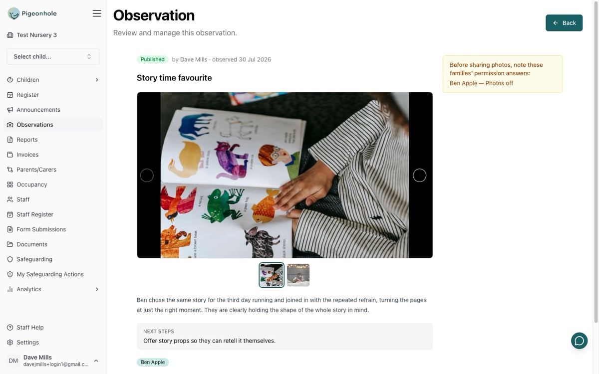 An observation detail page showing the amber permission reminder in the sidebar next to the observation's photos