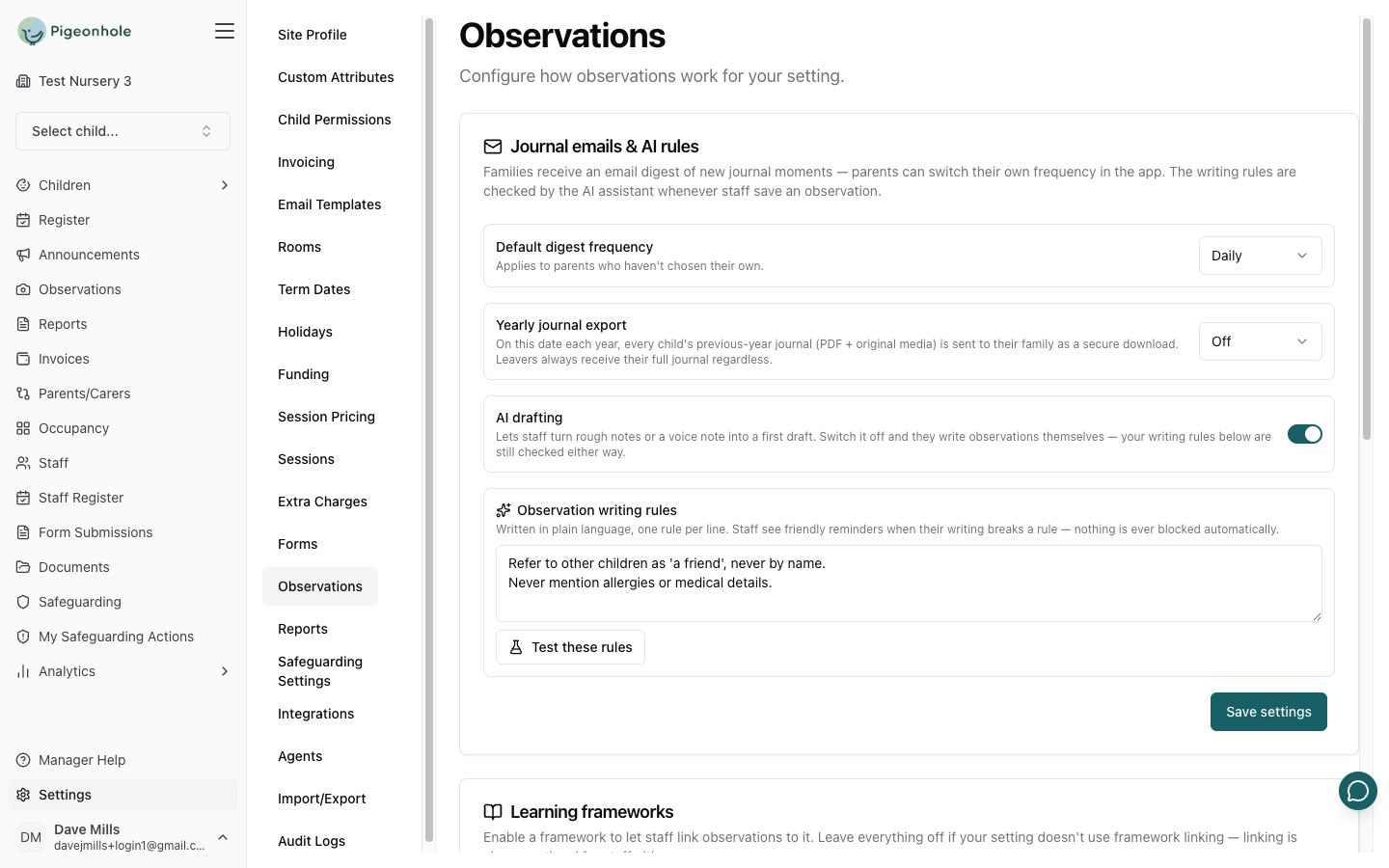 The Journal emails and AI rules card showing digest frequency, yearly journal export, the AI drafting switch and the observation writing rules box