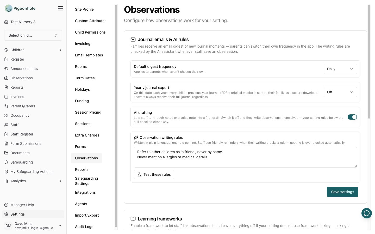 The Journal emails and AI rules card showing digest frequency, yearly journal export, the AI drafting switch and the observation writing rules box