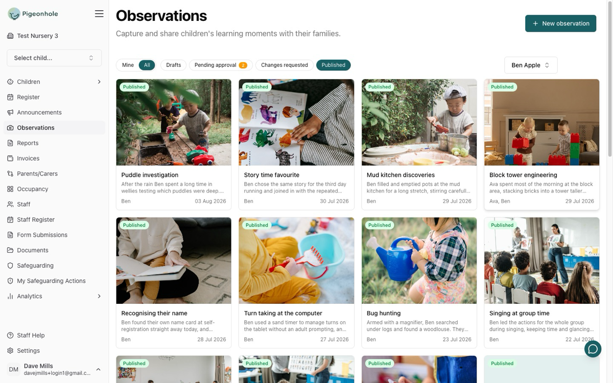 The Observations list showing published moments for a child, with the Mine and All scope pills and status filter chips across the top