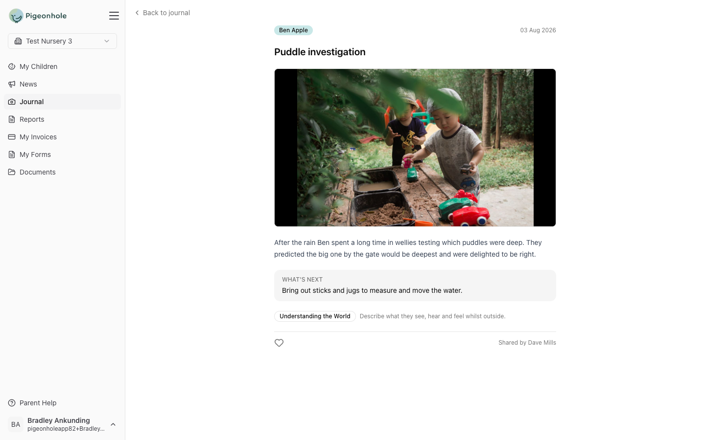 A single journal moment showing the photo, the story, a What's next panel and the area of learning it links to