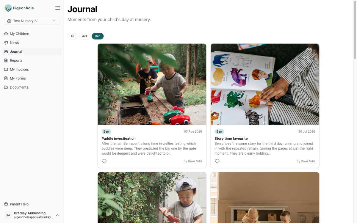 The parent Journal showing photo cards from nursery, each with the child's name, the date and a short story