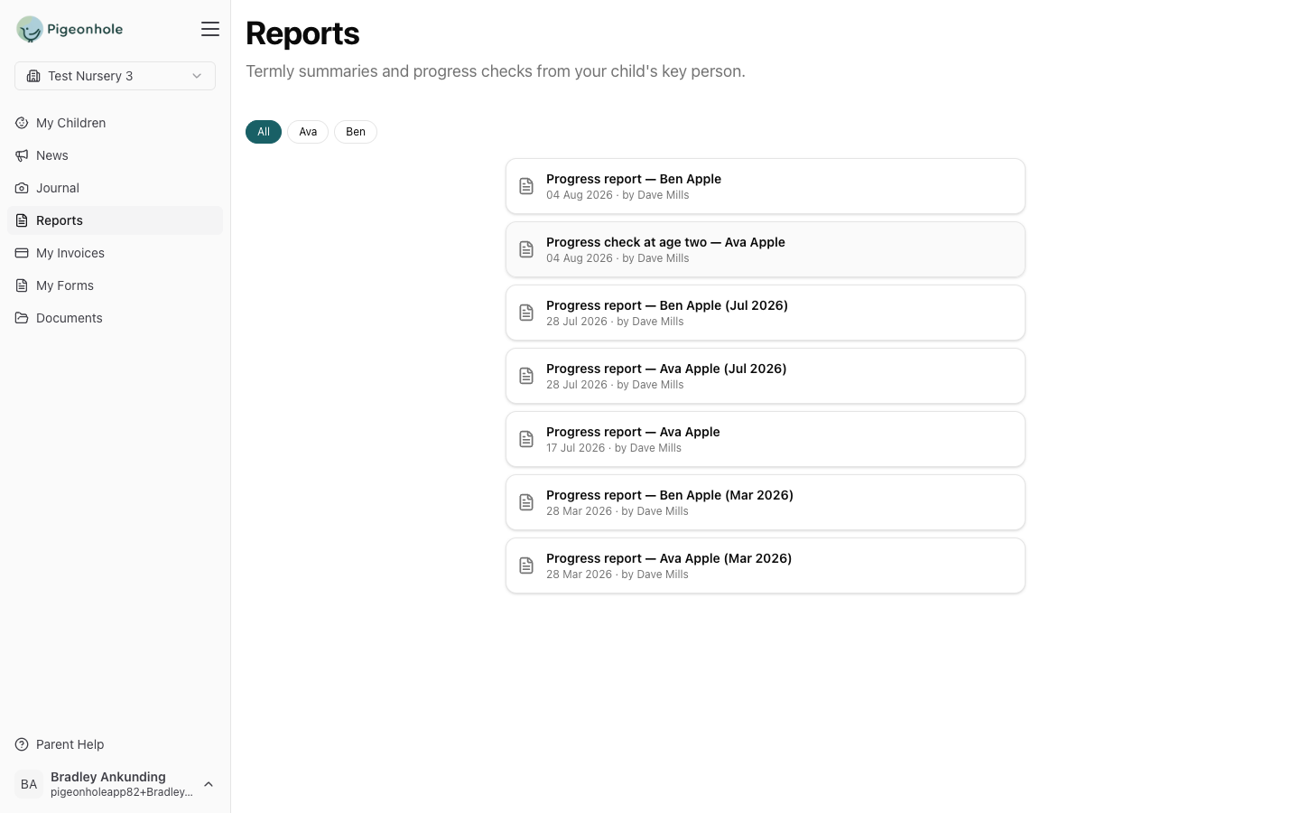 The parent Reports page listing progress reports, each with the date it was shared and who wrote it