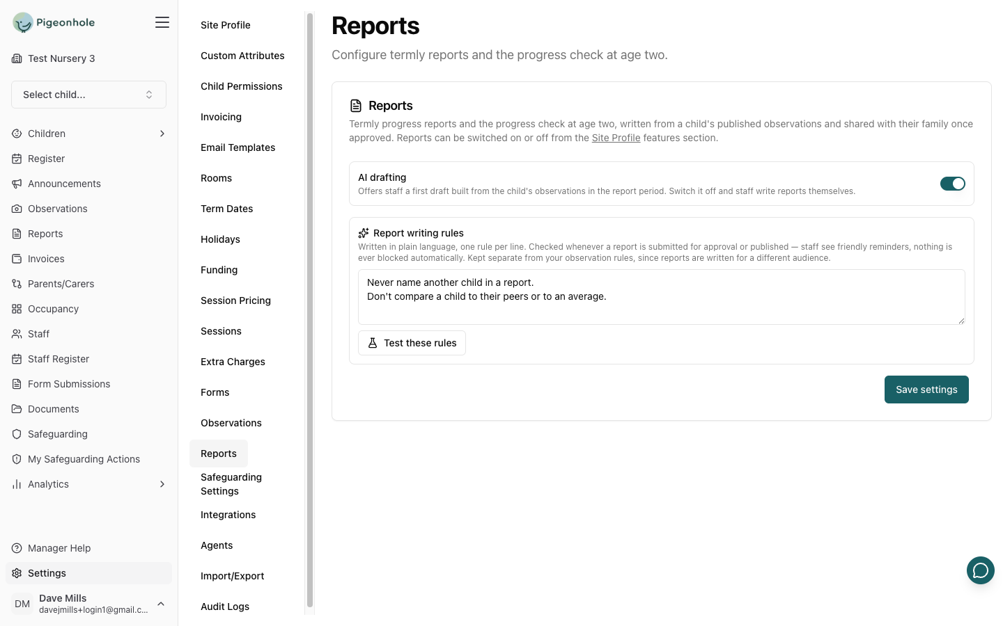The Reports settings card showing the AI drafting switch and the report writing rules box