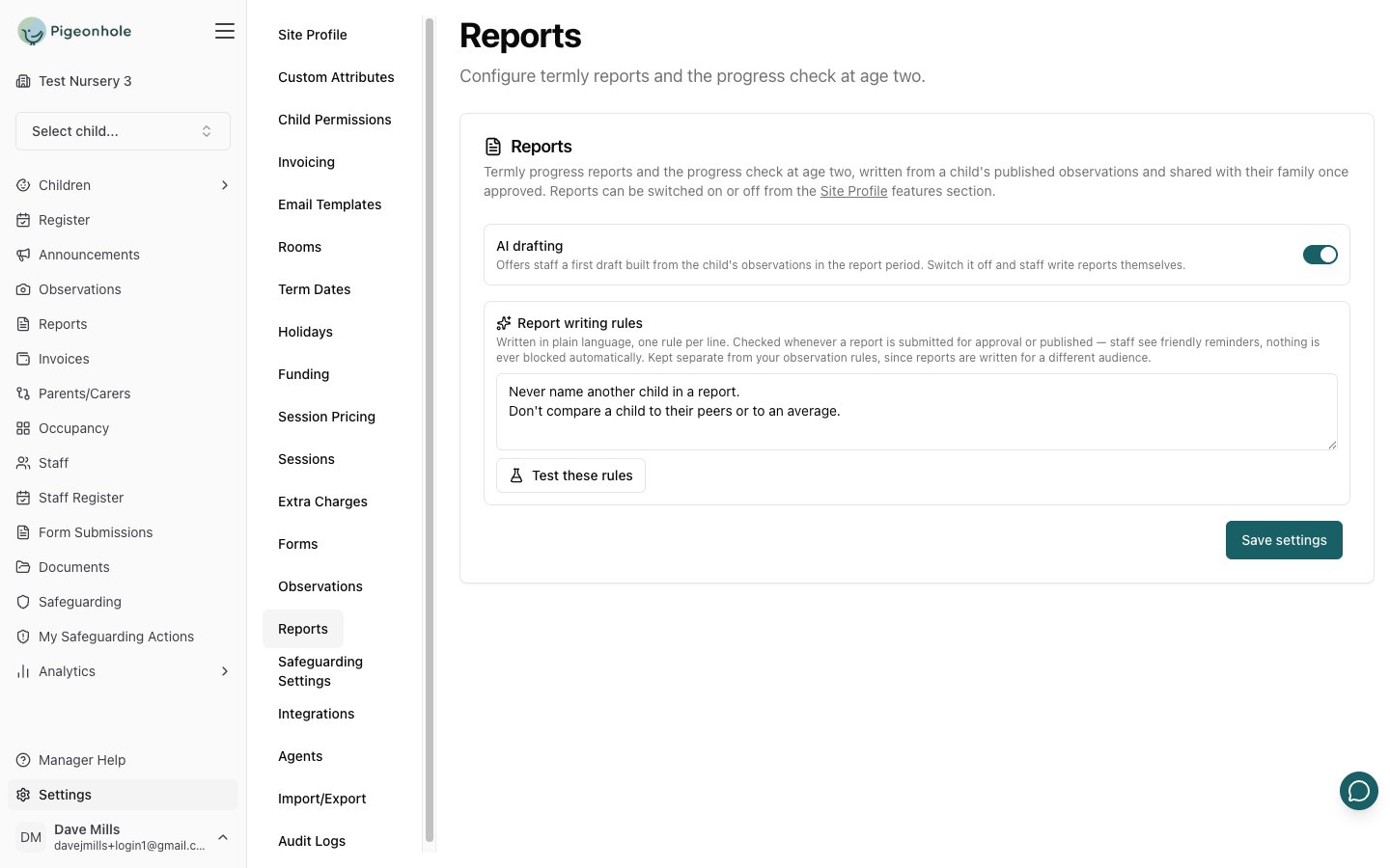 The Reports settings card showing the AI drafting switch and the report writing rules box
