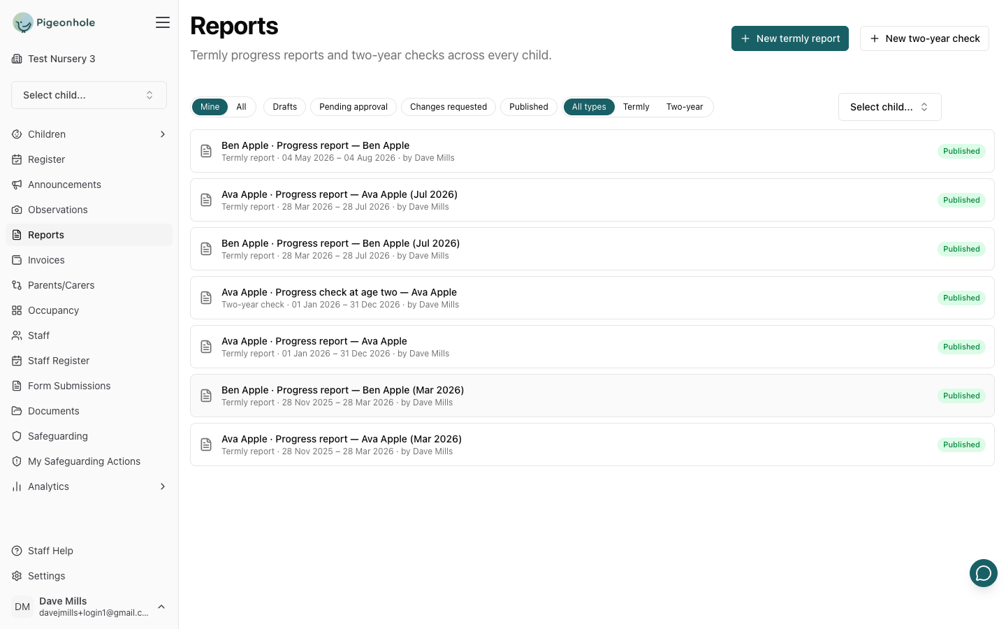The Reports list showing progress reports across children, each with its reporting period, author and Published status