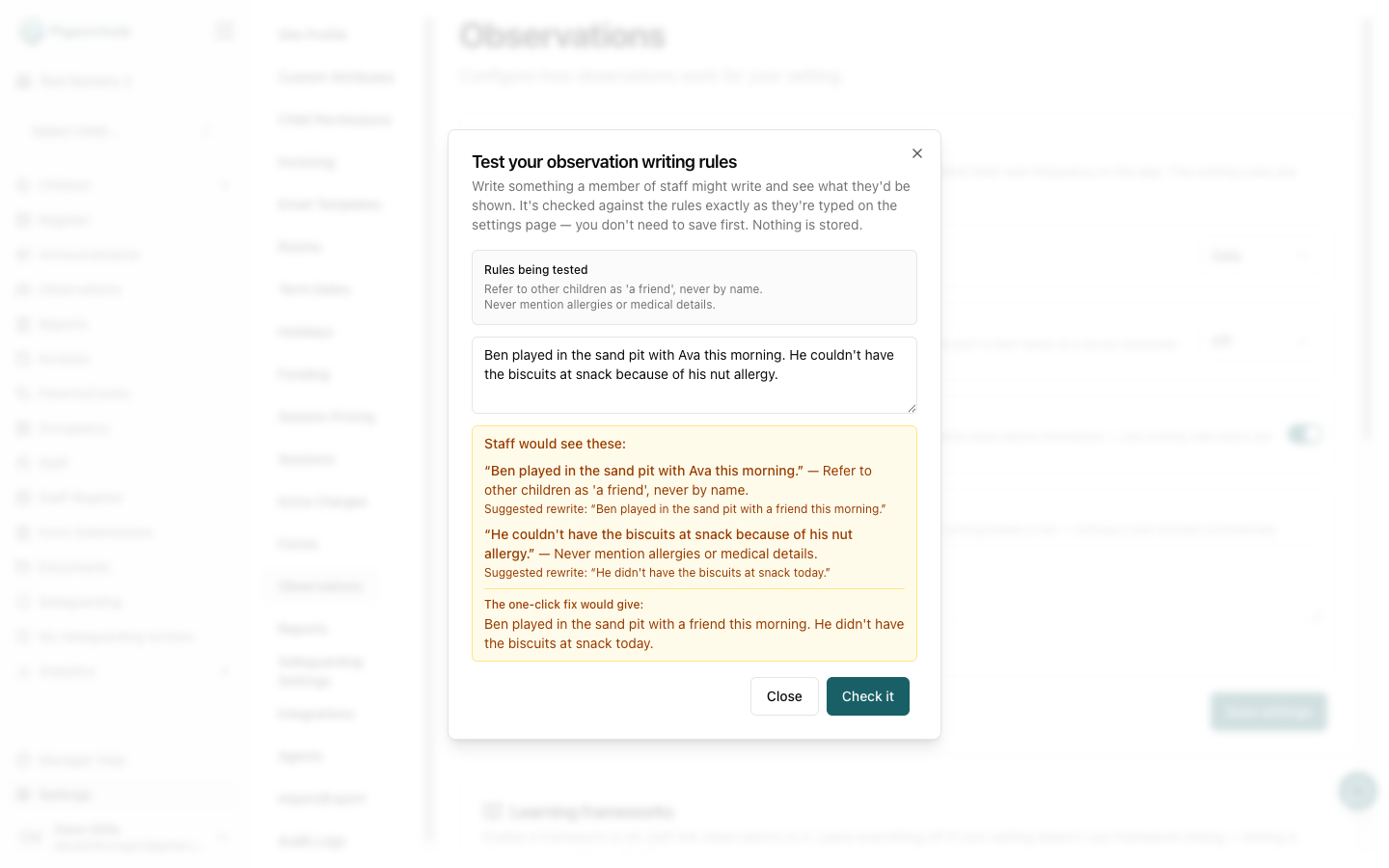 The Test your observation writing rules dialog showing two flagged phrases with suggested rewrites and the combined one-click fix