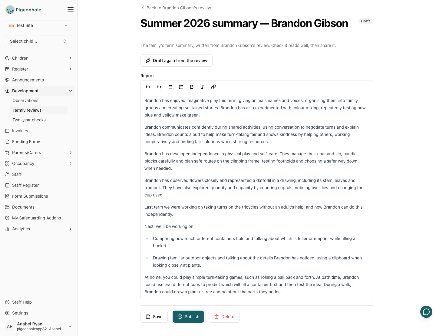 A term summary ready to publish: what Brandon enjoyed and achieved, the next step achieved from last term, a list of what's next, and ideas for home