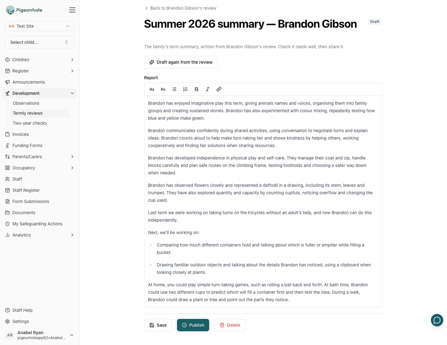 A term summary ready to publish: what Brandon enjoyed and achieved, the next step achieved from last term, a list of what's next, and ideas for home