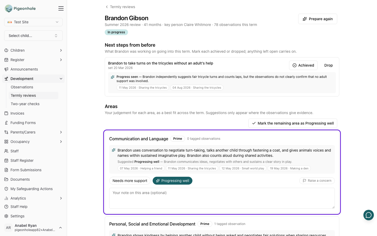 One area of a review: the AI's summary of what Brandon showed in Communication and Language, with the observations it cites and Progressing well pre-selected with a sparkle