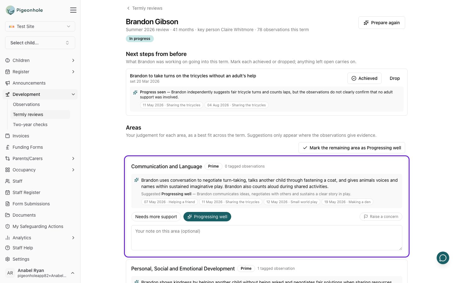 One area of a review: the AI's summary of what Brandon showed in Communication and Language, with the observations it cites and Progressing well pre-selected with a sparkle