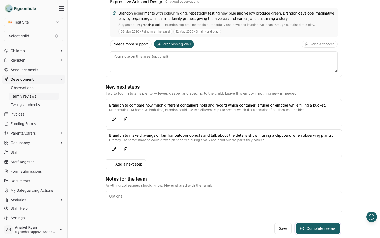 The bottom of the review with Brandon's two accepted next steps, the Notes for the team box, and the Save and Complete review buttons, Complete review highlighted
