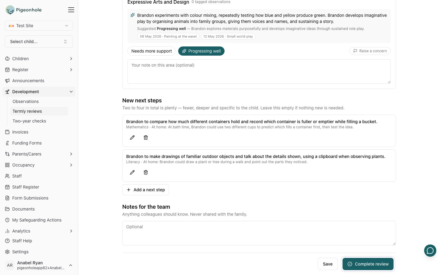 The bottom of the review with Brandon's two accepted next steps, the Notes for the team box, and the Save and Complete review buttons, Complete review highlighted