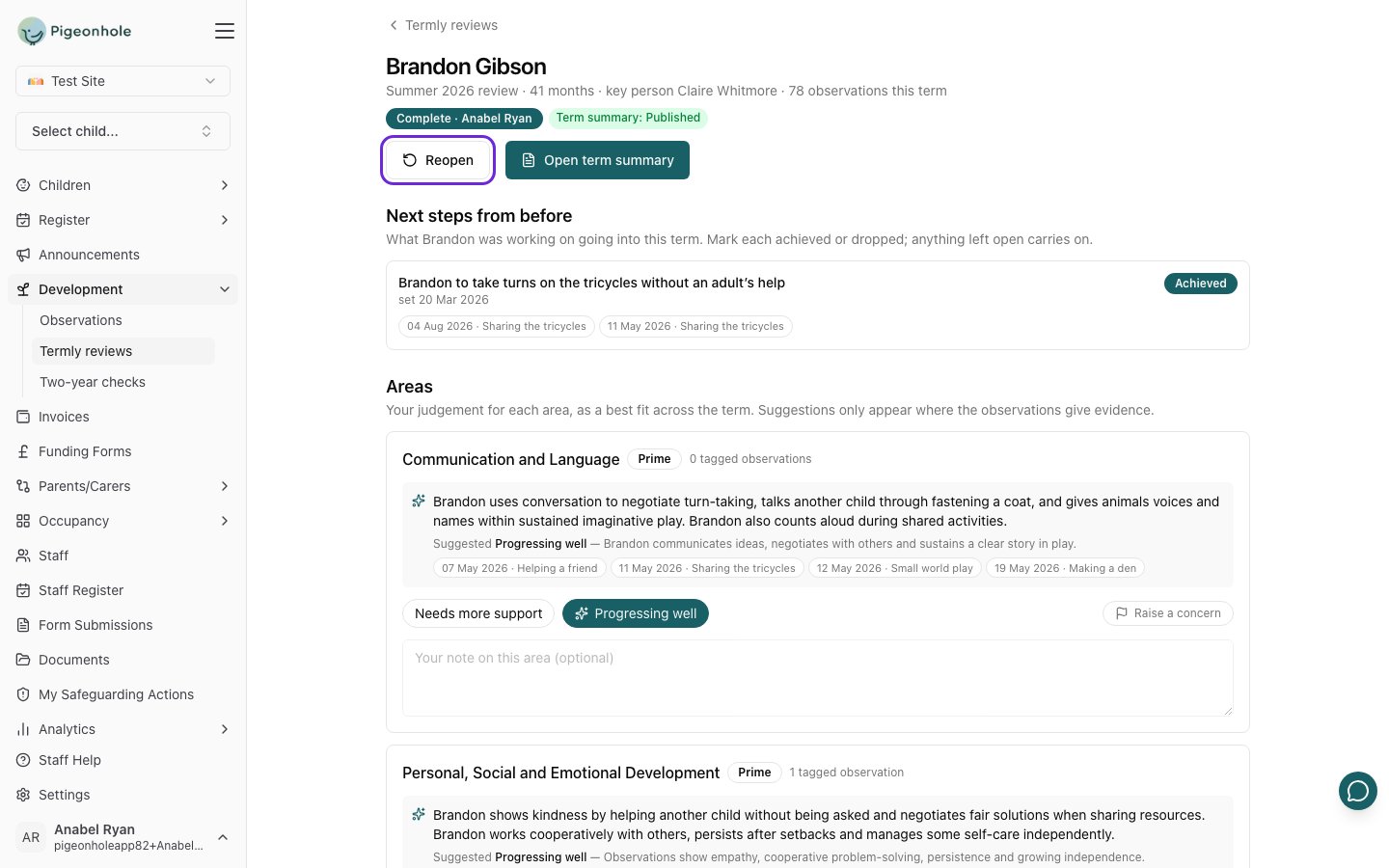 A completed review for Brandon Gibson, with the Complete and Term summary: Published badges and the Reopen button highlighted
