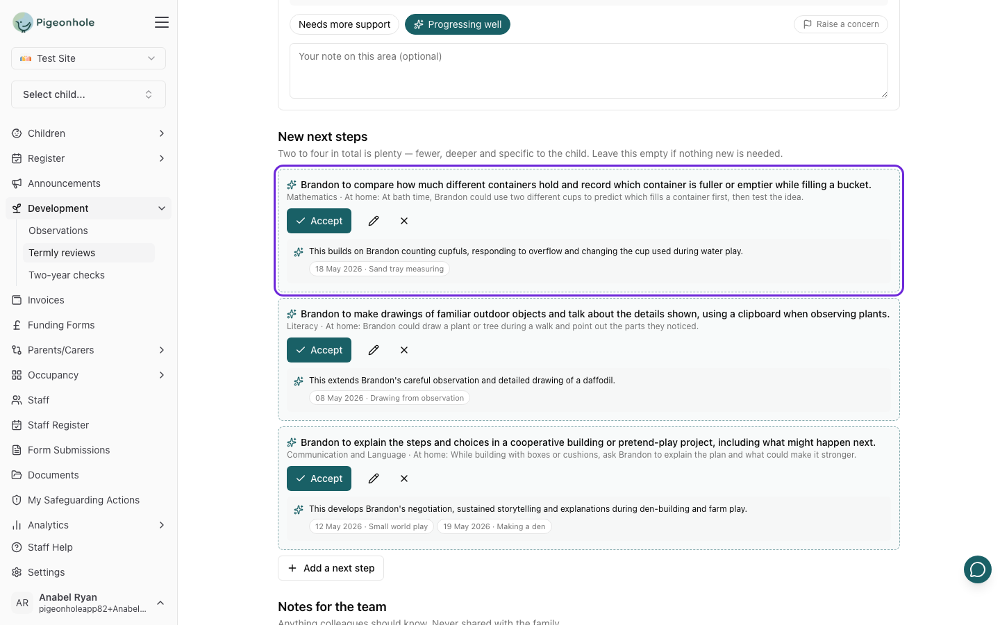 Three suggested next steps for Brandon, each with an idea for home, the reason it was suggested and the observation it builds on, with the first highlighted