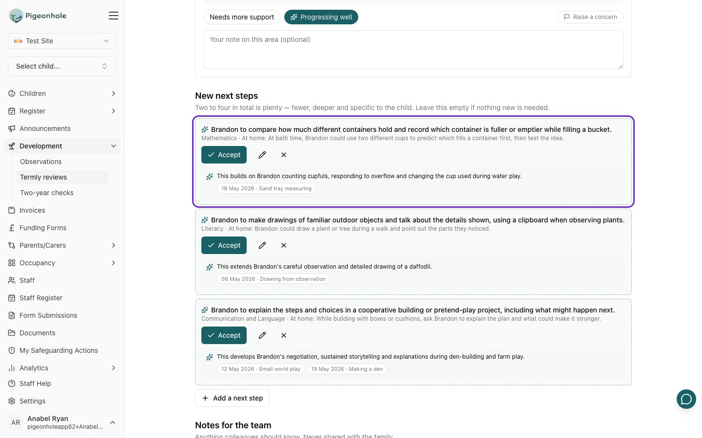 Three suggested next steps for Brandon, each with an idea for home, the reason it was suggested and the observation it builds on, with the first highlighted