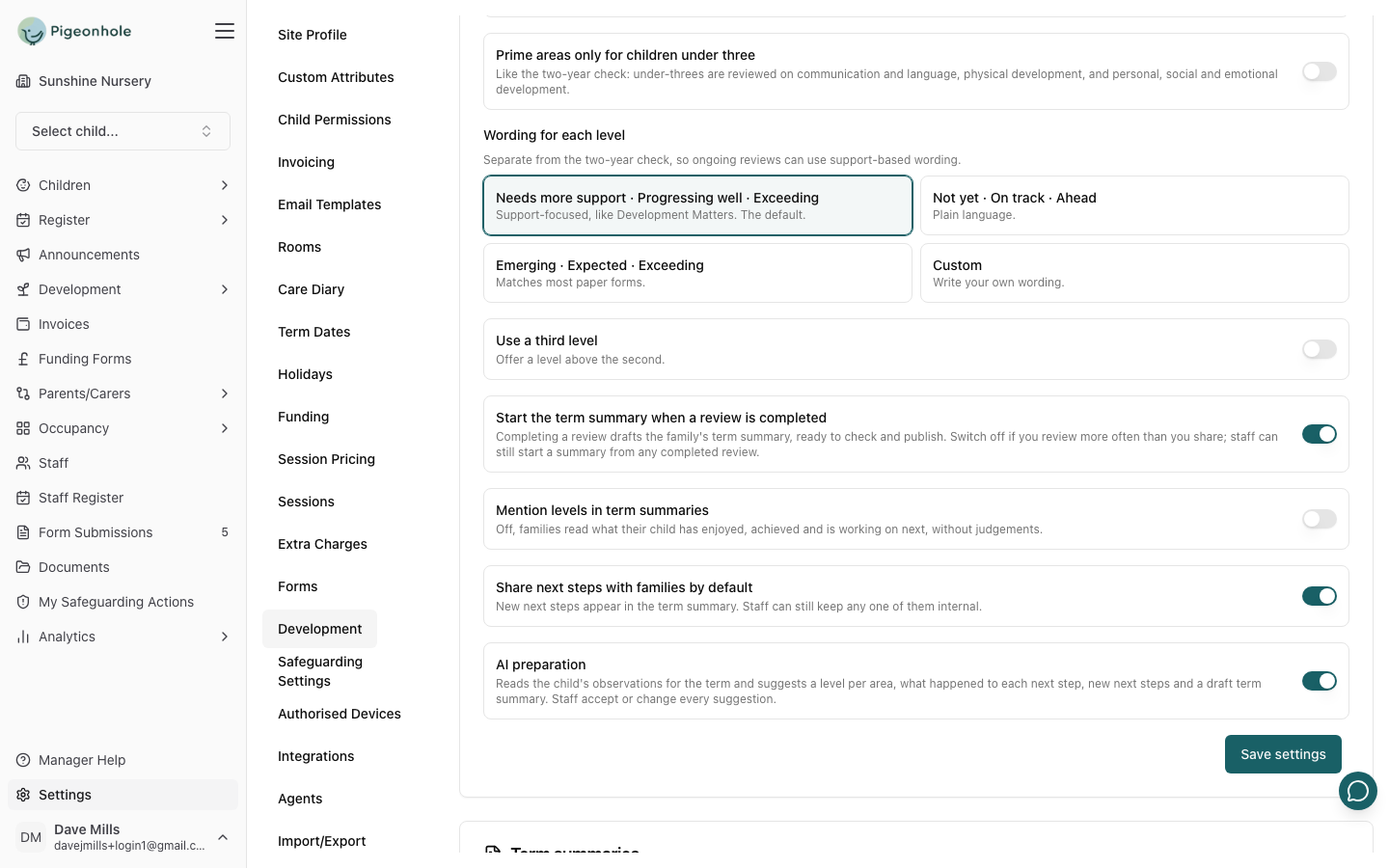 The sharing and AI settings: Start the term summary when a review is completed (on), Mention levels in term summaries (off), Share next steps with families by default (on) and AI preparation (on)