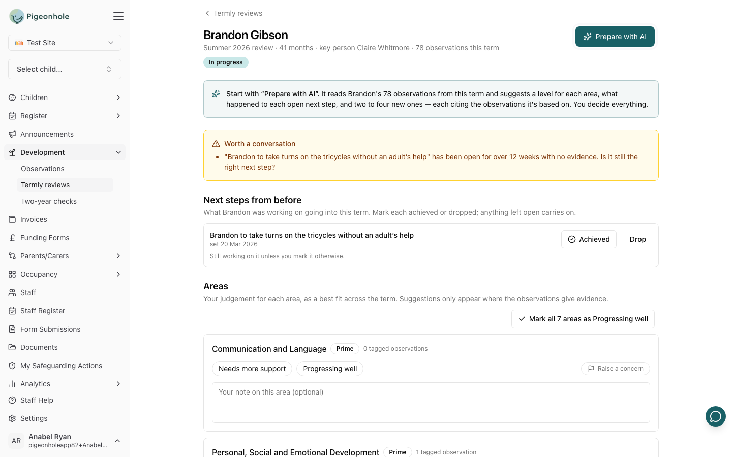A new review for Brandon Gibson with the Prepare with AI button highlighted at the top right