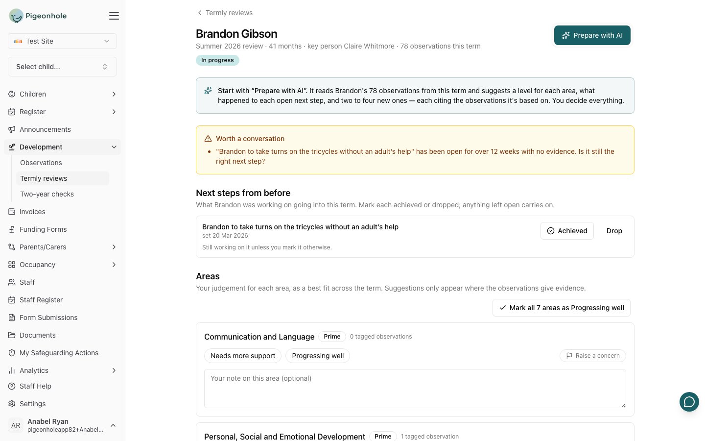 A new review for Brandon Gibson with the Prepare with AI button highlighted at the top right