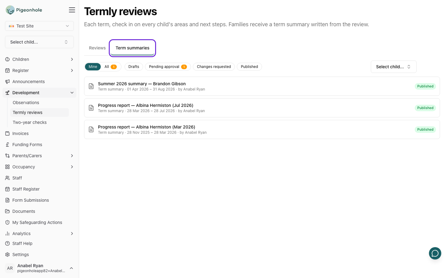 The Term summaries tab of the Termly reviews page with Mine, All and status filters, listing published summaries